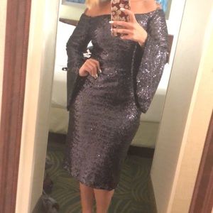 Theia blue sequin bell sleeved dress.